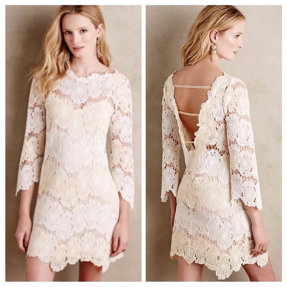 Anthropologie Cream Sheath Dress Long Sleeve Crew Neck